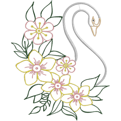 Matriz de Bordado Cisne Com Flores Contorno 